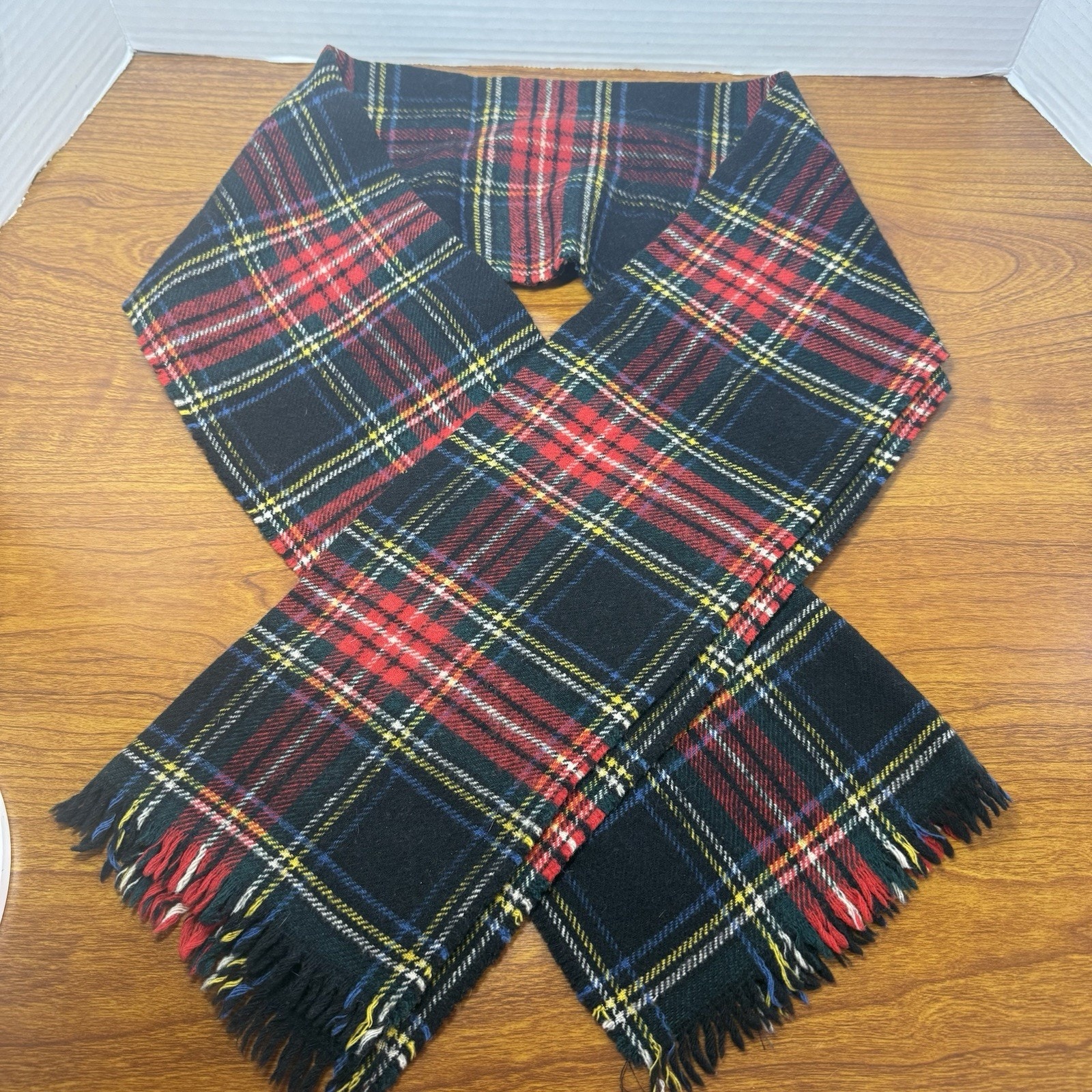 Hilltop Brand Black Stewart Plaid CashmereWool Neck Scarf 12X51